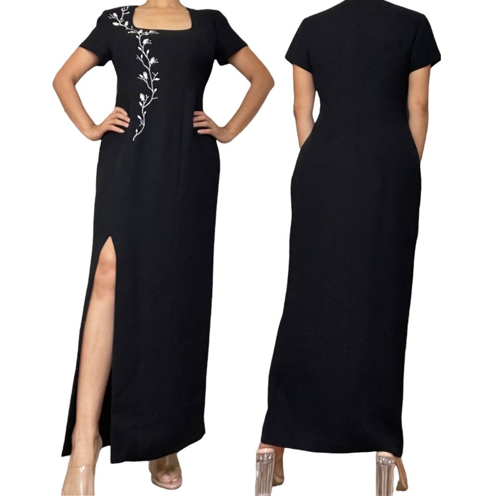 Liz Claiborne Womens Dresses Size 8 Black Embroidered Flower Maxi Sleeveless